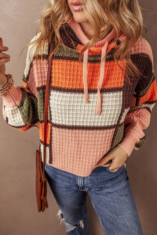 Orange Colour Block Waffle Knit Drawstring Mock Neck Sweater - S / 60% Cotton + 40% Acrylic - Sweaters &