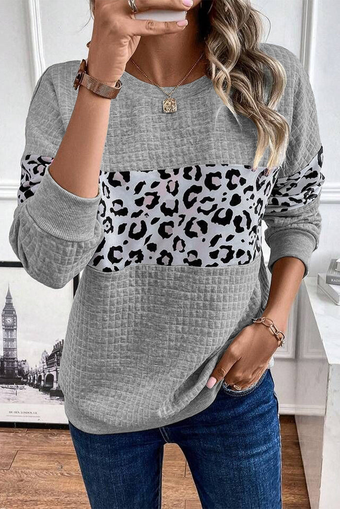 Parchment Leopard Quilted Patchwork Crew Neck Sweatshirt - GRAY / S / 97% POLYESTER + 3% ELASTANE - Tops/Sweatshirts &