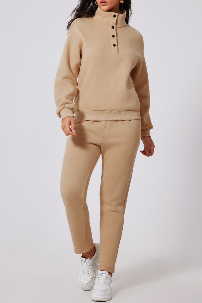 Parchment Solid Half Button Sweatshirt and High Waist SweatTrousers Set - PARCHMENT / S / 50% POLYESTER + 50% COTTON