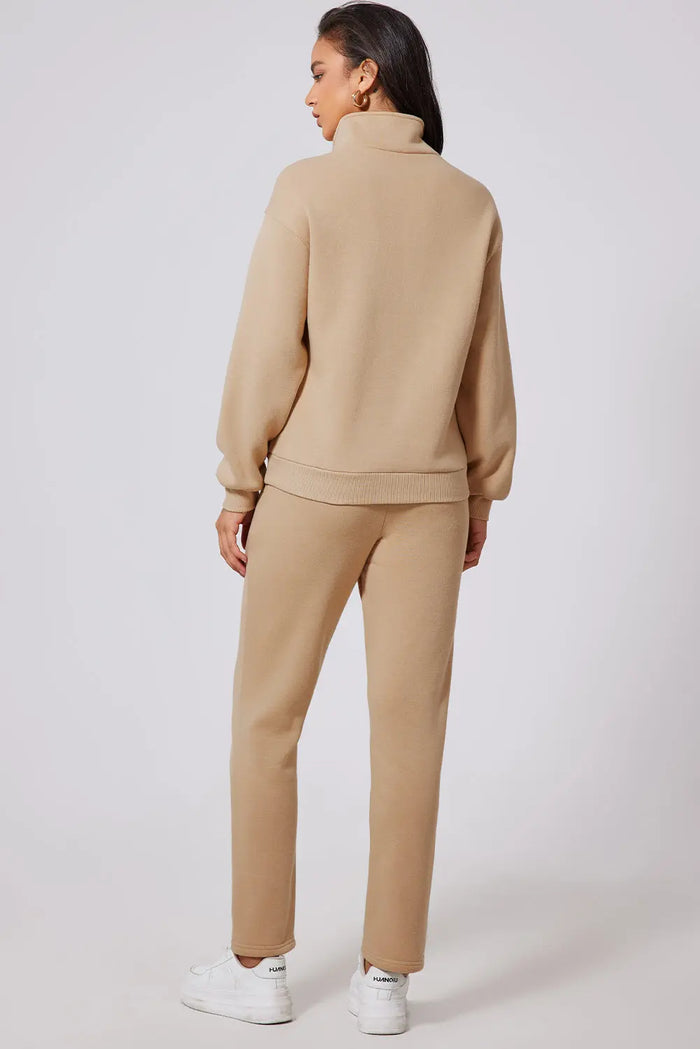 Parchment Solid Half Button Sweatshirt and High Waist SweatTrousers Set - Activewear/Activewear Sets