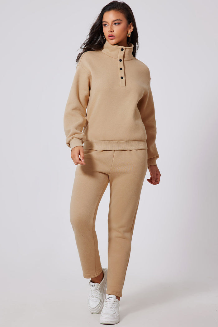 Parchment Solid Half Button Sweatshirt and High Waist SweatTrousers Set - Activewear/Activewear Sets