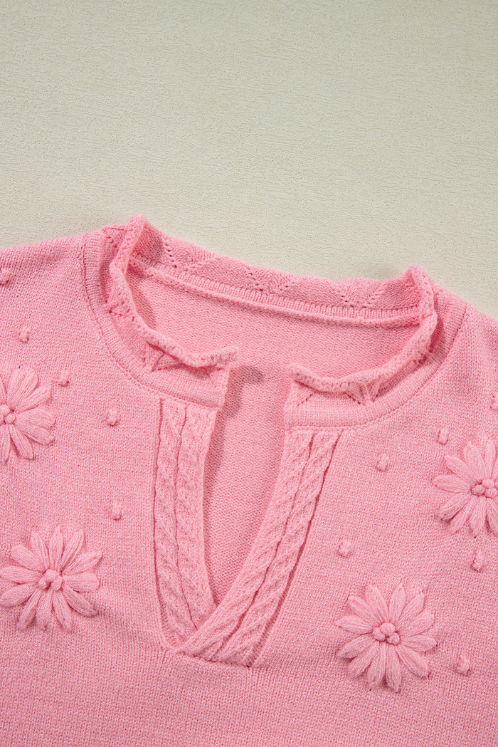 Peach Blossom Flower Detail Knitted Notched Neck Sweater - Sweaters & Cardigans/Sweaters