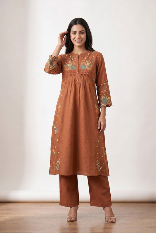 Peach Ethnic Floral Designer Embroidered Cotton Flex Kurta with Relaxed Pants