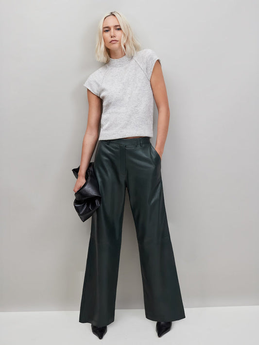 Petite Dark-Green Leather Wide-Leg Trousers