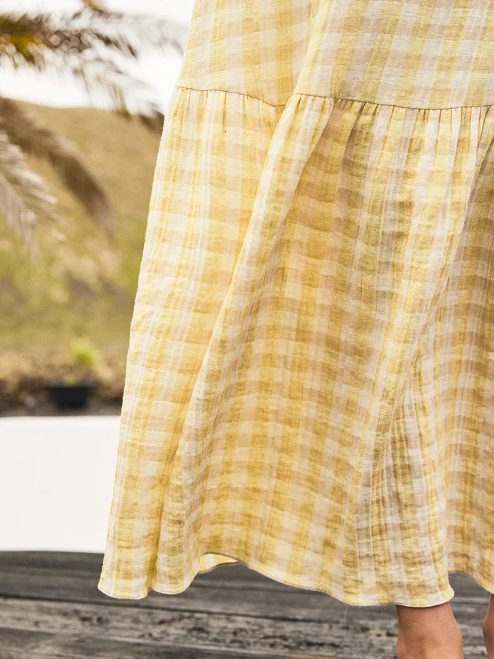 Yellow Cheesecloth Check Tiered Dress Cotton