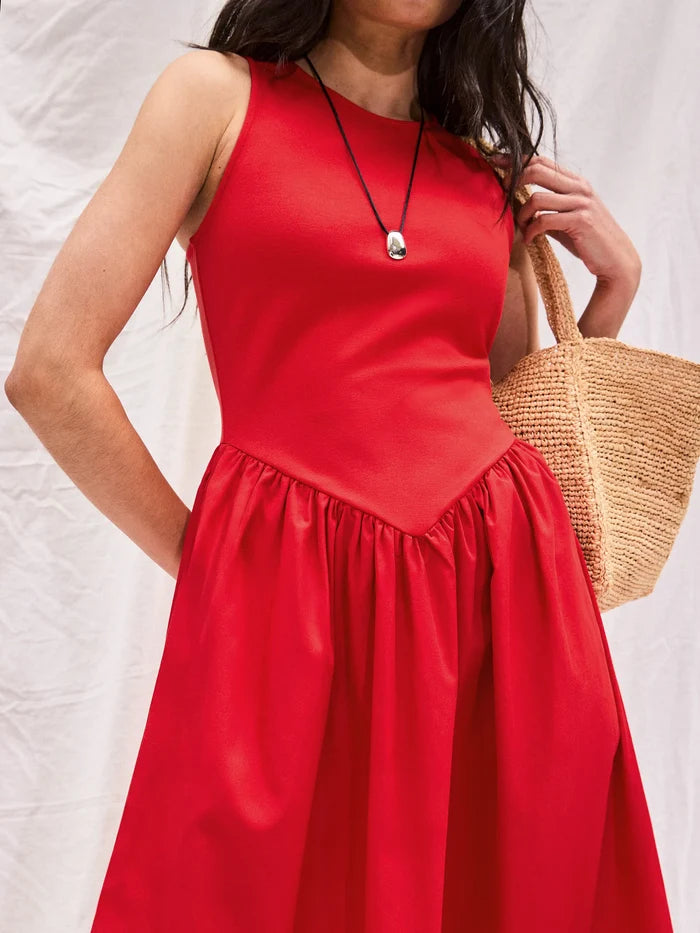 Red Jersey Bodice Midi Waisted Dress