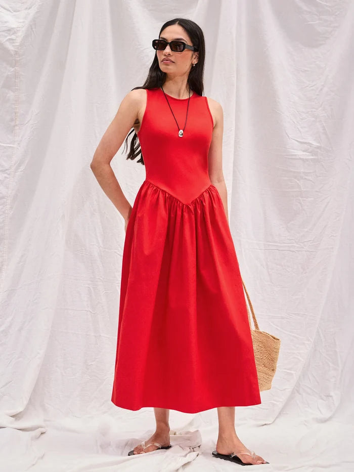 Red Jersey Bodice Midi Waisted Dress