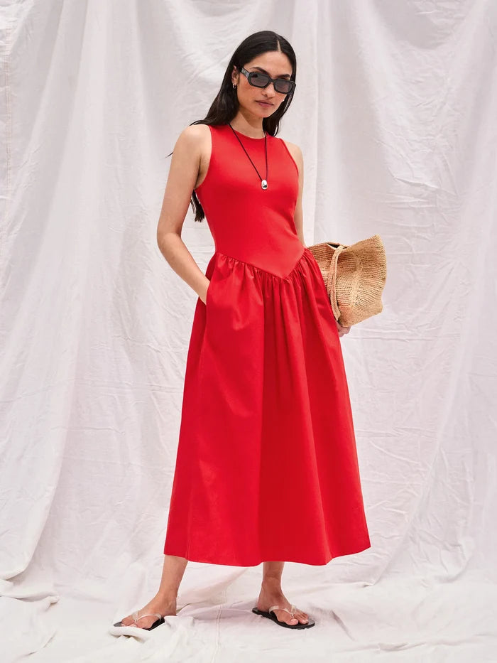 Red Jersey Bodice Midi Waisted Dress