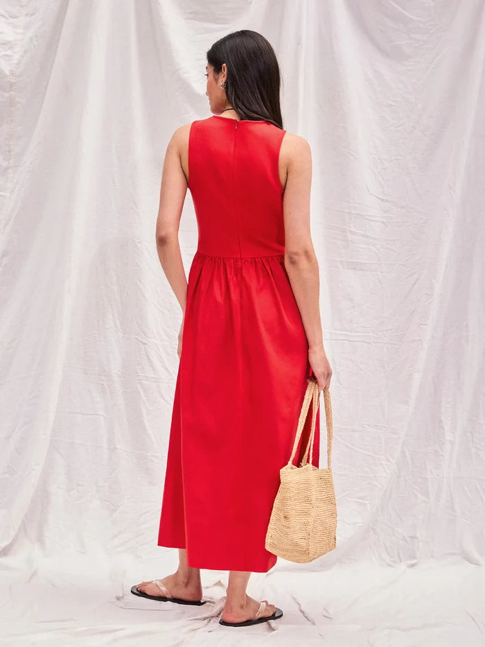 Red Jersey Bodice Midi Waisted Dress