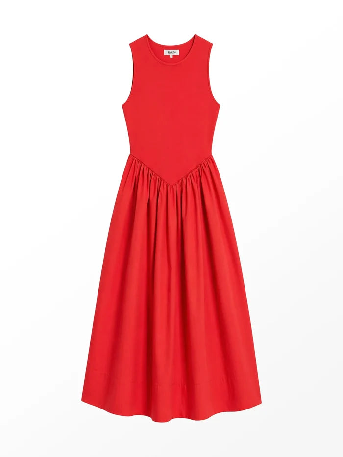 Red Jersey Bodice Midi Waisted Dress