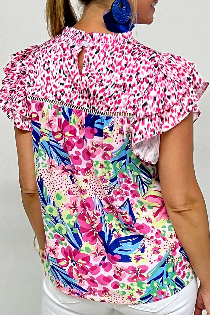 Pink Floral Mixed Print Ruffle Cap Sleeve Blouse - Tops/Blouses & Shirts