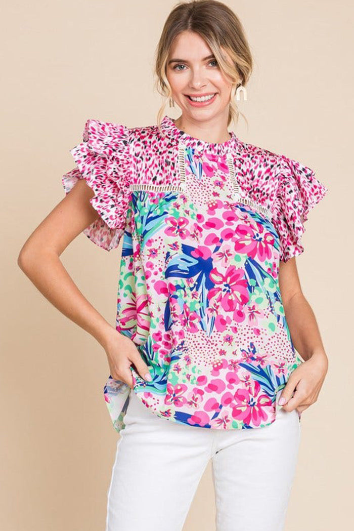Pink Floral Mixed Print Ruffle Cap Sleeve Blouse - Tops/Blouses & Shirts
