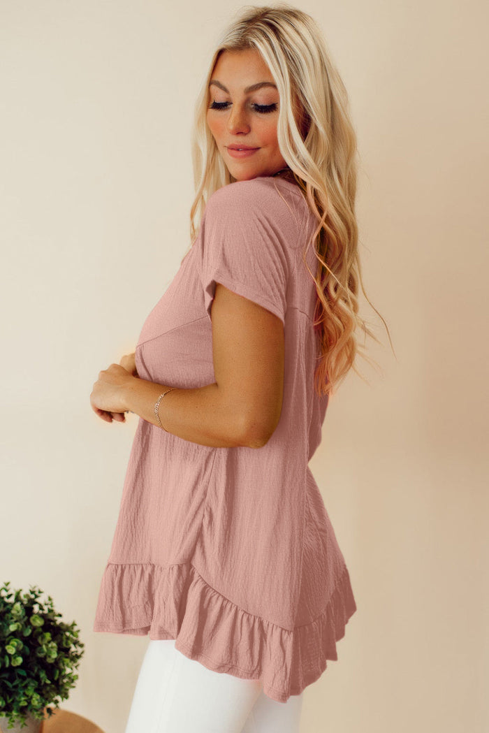Pink Solid Short Sleeve Ruffle Hem Top - Tops/Blouses & Shirts