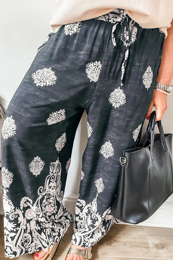 Black Plus Size Geometric Ethnic Print Drawstring Wide Leg Trousers - BLACK / 1X / 100% POLYESTER - Size/Plus Bottoms