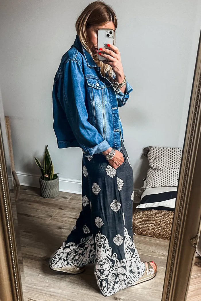 Black Plus Size Geometric Ethnic Print Drawstring Wide Leg Trousers - Size/Plus Bottoms