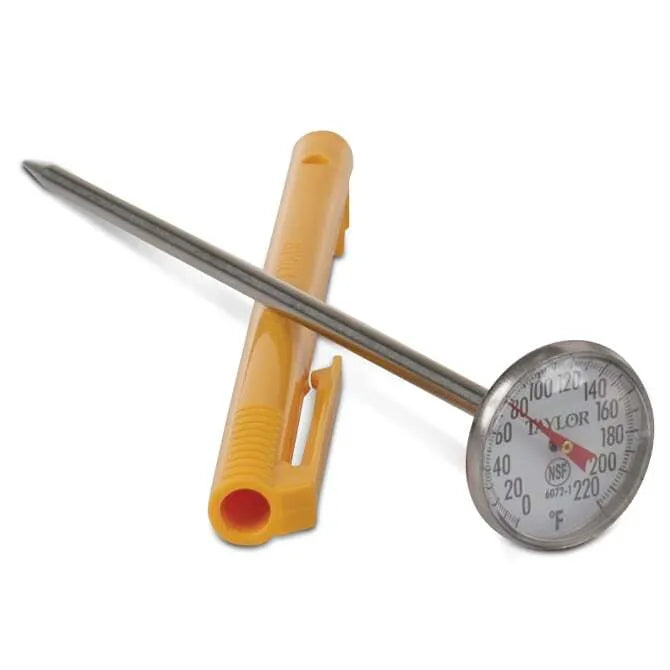 A stainless steel chef's pocket thermometer with an orange protective cover and dial, and a probe attached.