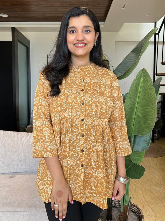 Premium Cotton Pintuck Top- Ochre