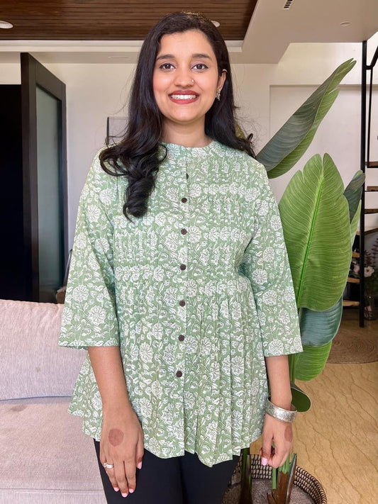 Premium Cotton Pintuck Top- Pastel Green