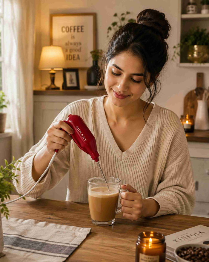 Red handheld electric coffee blender with power cord and clear mixing tube