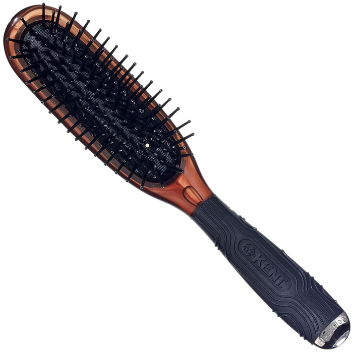 Brown oval hairbrush head with black bristles and ribbed handle