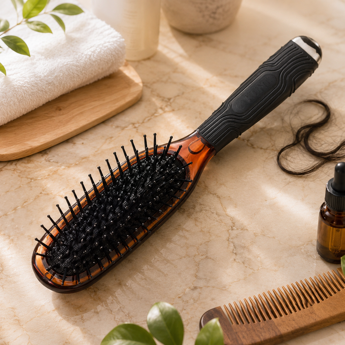 Hairbrush with orange-brown oval head and black bristles, ribbed handle