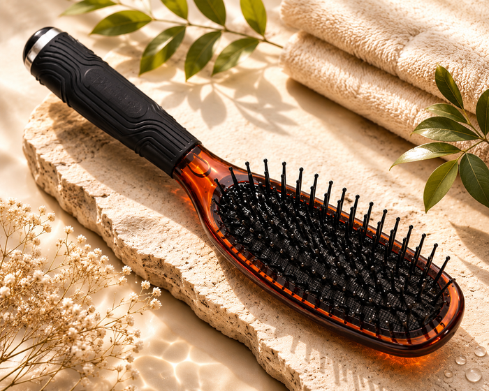 Hairbrush with orange-brown oval head and black bristles, ribbed grip handle