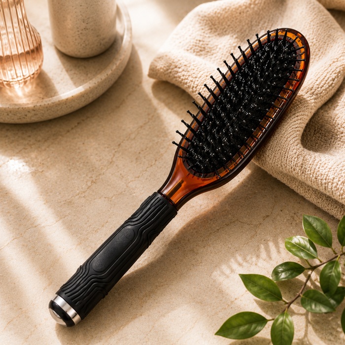 Hairbrush with orange-brown oval head and black bristles, cushioned rubber grip