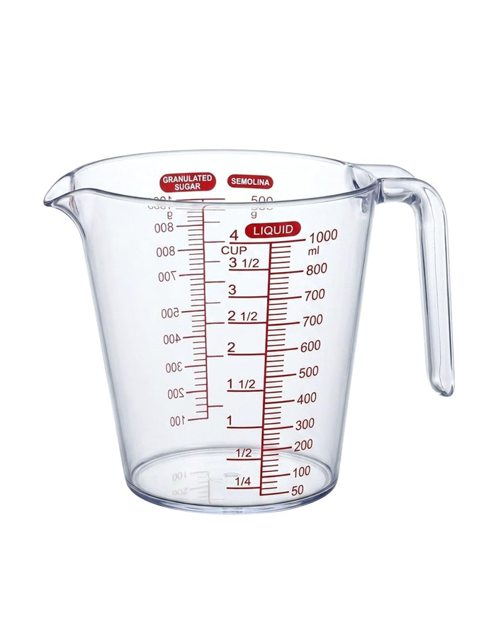 Clear plastic measuring jug with dual red measurement scales and wide handle