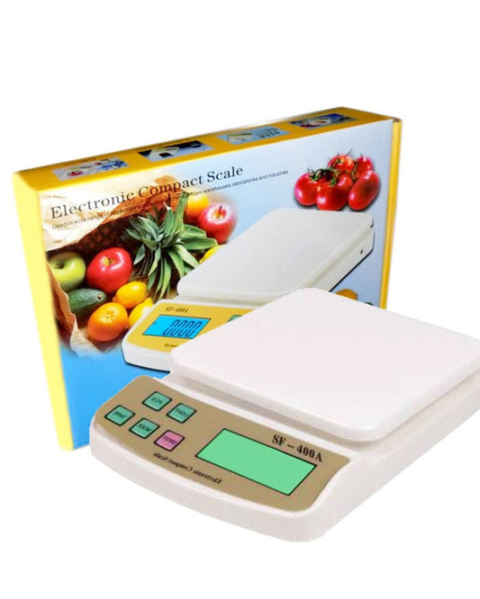 Compact white LCD digital kitchen weighing scale with buttons and green display