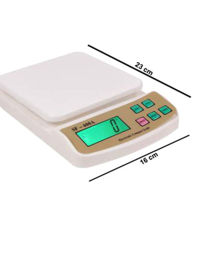 White digital kitchen scale with LCD and control buttons, size 23 cm by 16 cm