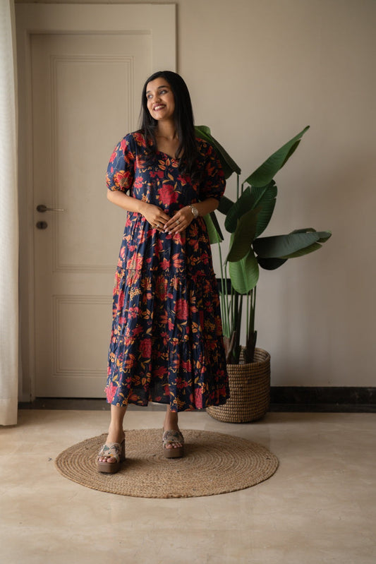 Prisha Tiered Maxi Dress- Dark Blue Florals