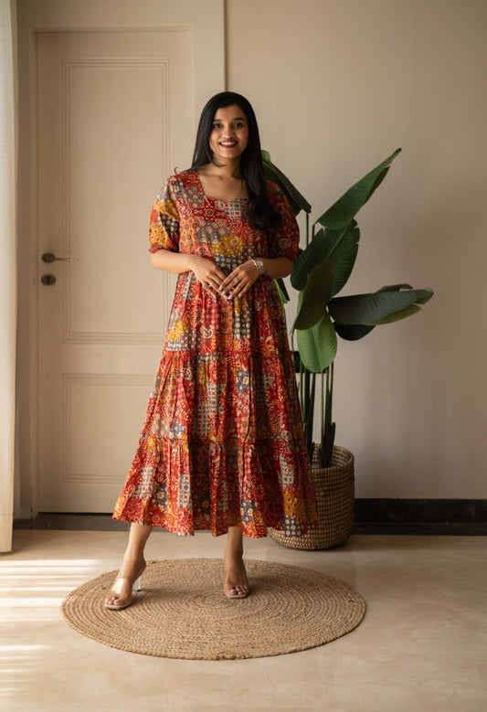 Prisha Tiered Maxi Dress- Red Mix