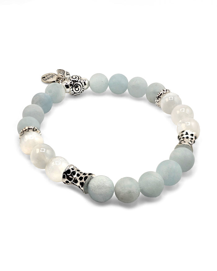 Pure Calm Healing Intention Bracelet with Natural Aquamarine, Selenite and 925 Sterling Silver 7 inch