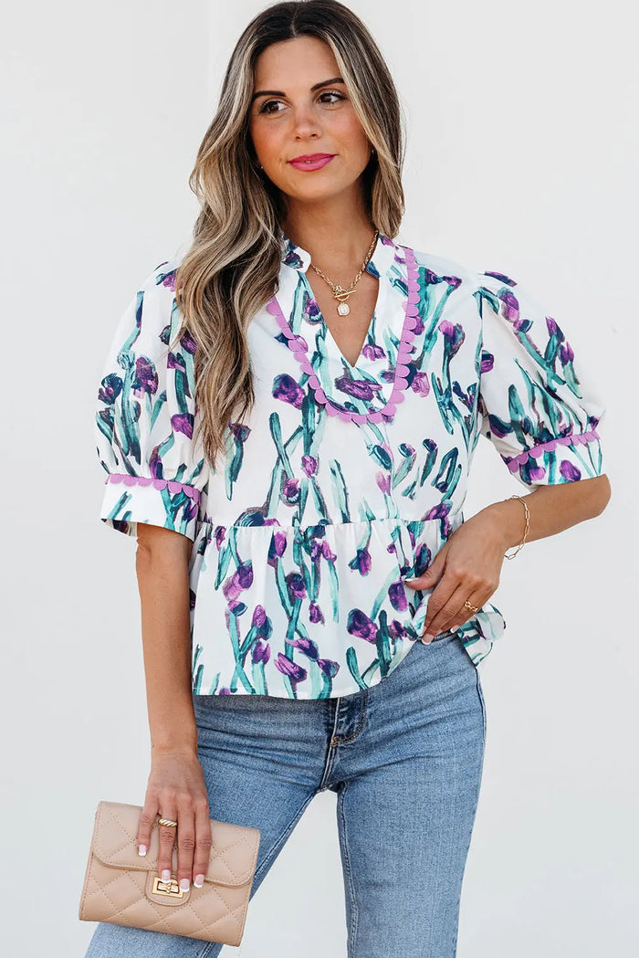 Purple Floral Ricrac Trim Half Sleeve Peplum Top - S / 100% Polyester - Tops/Blouses & Shirts