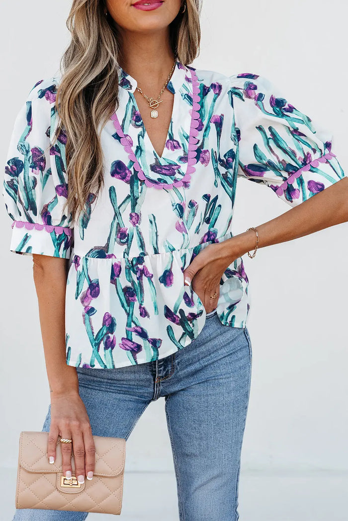 Purple Floral Ricrac Trim Half Sleeve Peplum Top - Tops/Blouses & Shirts