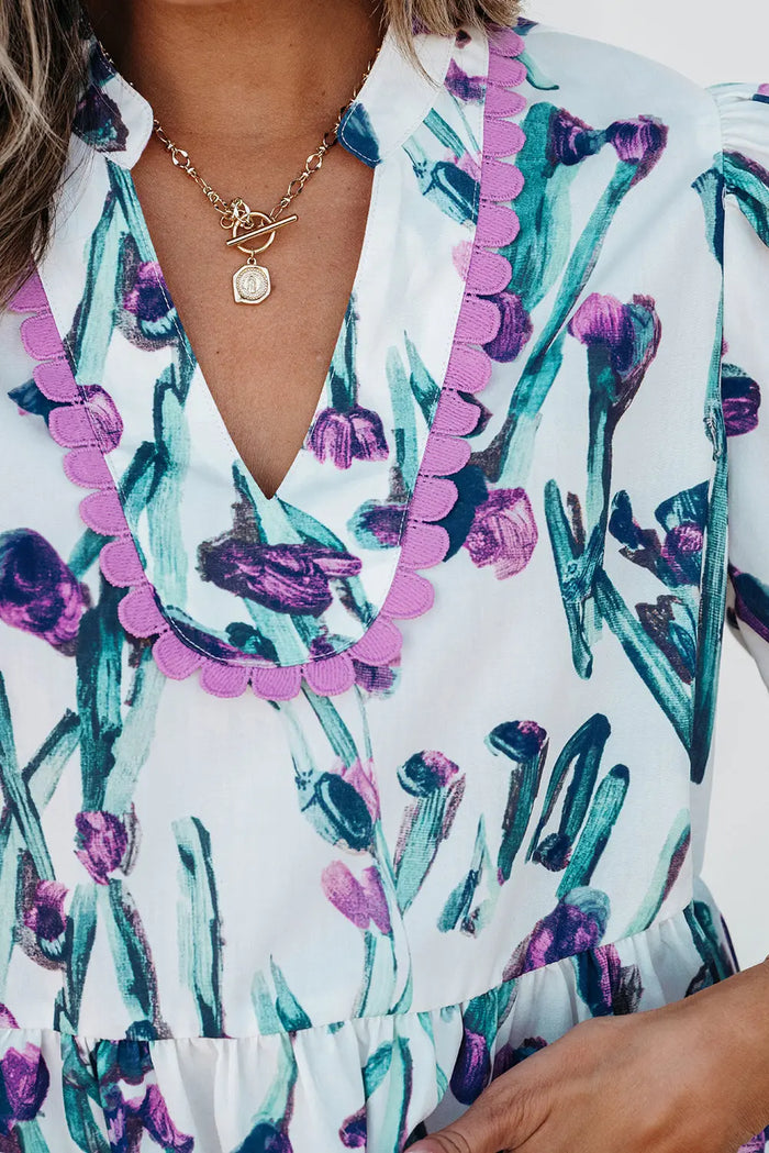 Purple Floral Ricrac Trim Half Sleeve Peplum Top - Tops/Blouses & Shirts