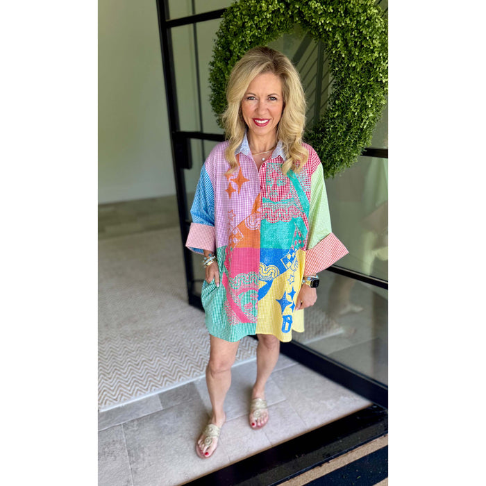 Queen of Sparkles - Colorblock, Gingham, Queen Card Logo, Button Up Tunic