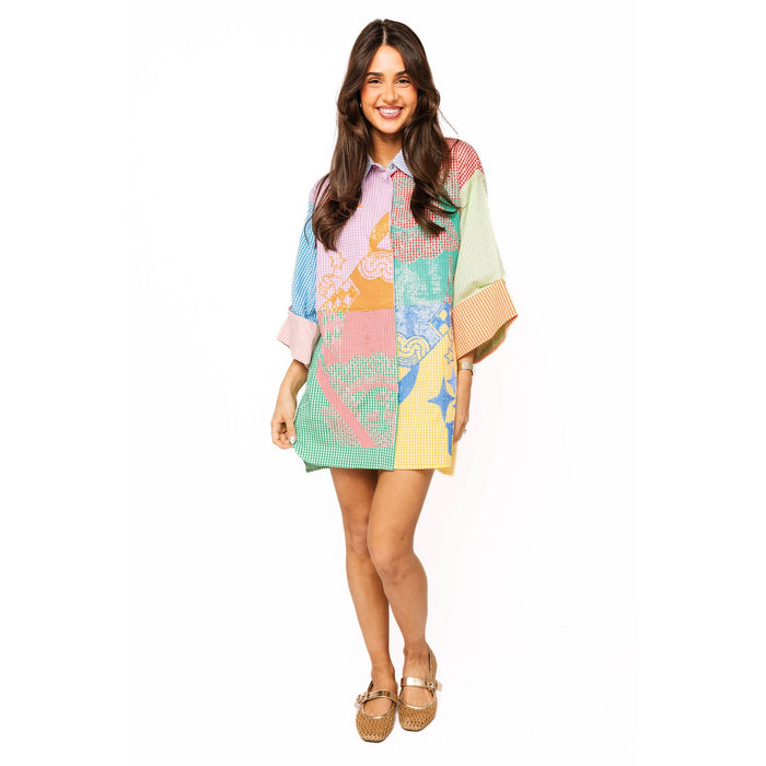 Queen of Sparkles - Colorblock, Gingham, Queen Card Logo, Button Up Tunic