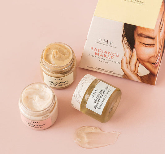 Radiance Maker 3-step Instant Spa Facial | Farmhouse Fresh showing three skincare jars with creamy and exfoliating textures alongside the product packaging promoting a spa facial experience.