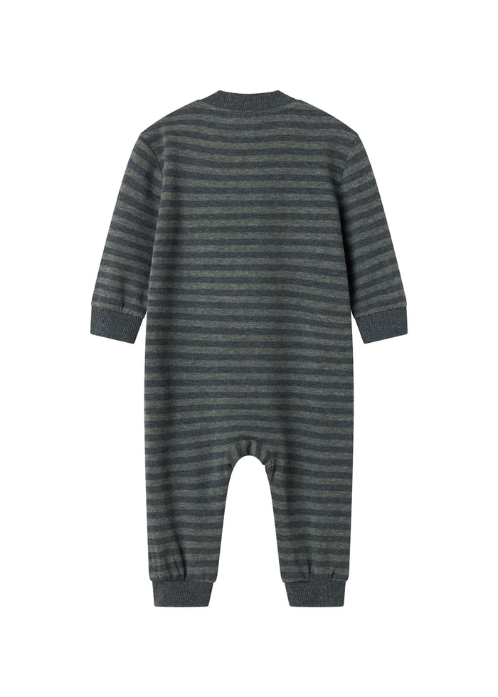 Heldragt til baby med lange ærmer og ben i mørke striber, hel ryg.