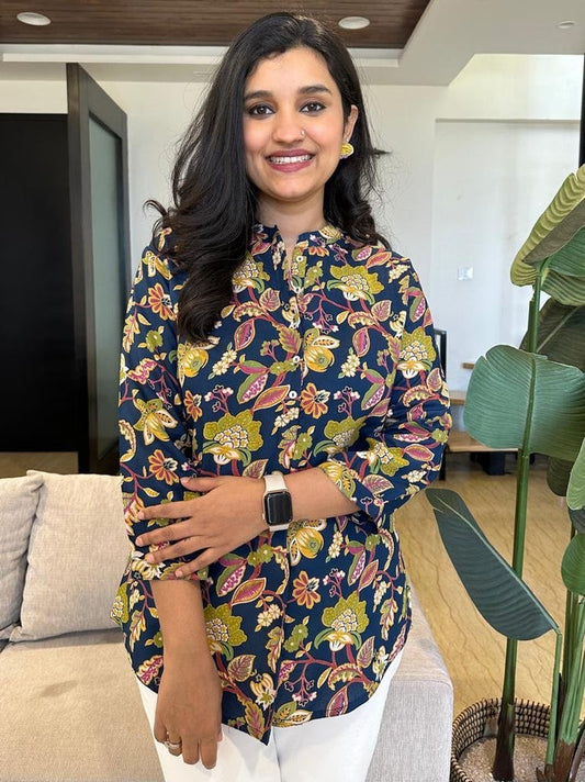 Rayon Short Kurta- Navy Blue Bright Florals