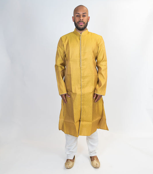 Regal Gold Brocade Silk Front Open Kurta
