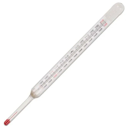 A clear glass thermometer with red markings and a metal cage designed to hold the thermometer.