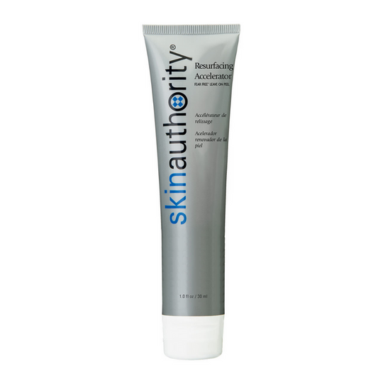 Tube of Resurfacing Accelerator | Skin Authority skincare product in silver packaging designed to promote skin renewal and improve complexion.