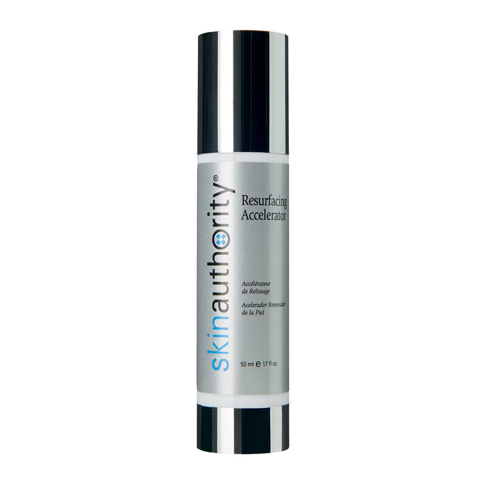 Bottle of Resurfacing Accelerator | Skin Authority skincare product with silver and black design for skin rejuvenation and renewal.