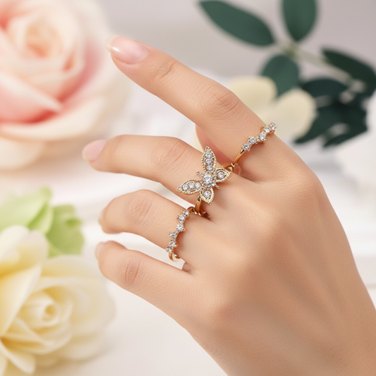 Rhinestone Butterfly Ring Set - Bulk 3-Piece Fashion Jewelry Stackable Rings for Women (ARI1189)