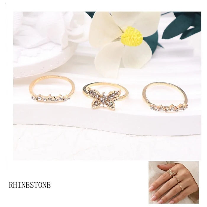 Rhinestone Butterfly Ring Set - Bulk 3-Piece Fashion Jewelry Stackable Rings for Women (ARI1189)