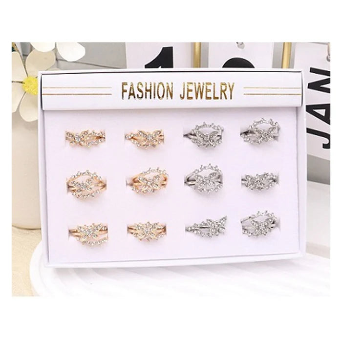 Rhinestone Butterfly Ring Set - Bulk 3-Piece Fashion Jewelry Stackable Rings for Women (ARI1189)