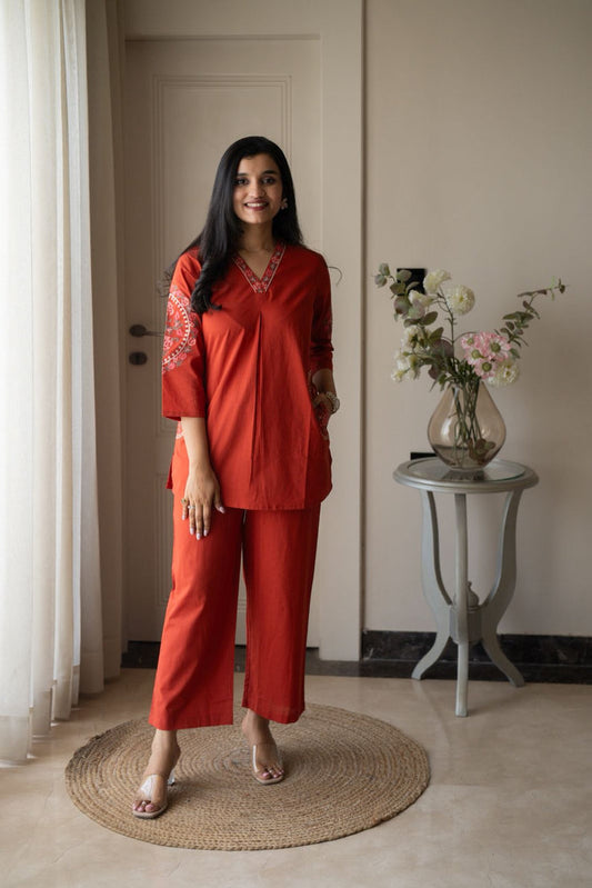 Risha Embroidered Coord Set- Orange
