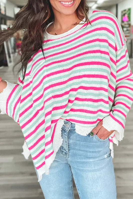 Rose Stripe Oversized Drop Shoulder Sweater with Pocket - S / 100% Acrylic - Sweaters & Cardigans/Sweaters